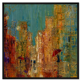 Gerahmter Kunstdruck Beleuchtete Stadt im Regen