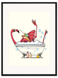 Gerahmter Kunstdruck Flamingo trinkt Cocktail in der Badewanne