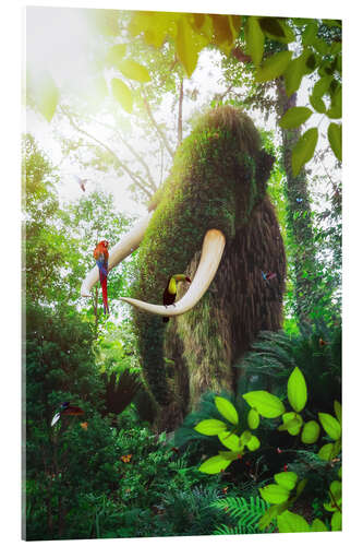 Obraz na szkle akrylowym Green mammoth with parrots in the tropical forest