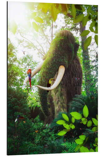 Stampa su alluminio Green mammoth with parrots in the tropical forest