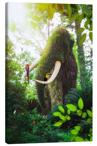 Obraz na płótnie Green mammoth with parrots in the tropical forest