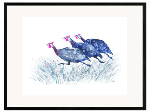 Framed art print Three running Guinea Fowls