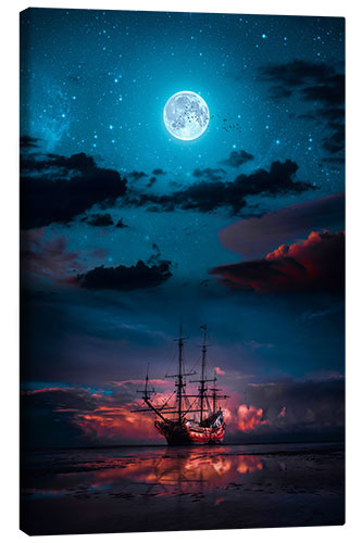 Canvas print The Sparrow ship in the evening glow under a full moon