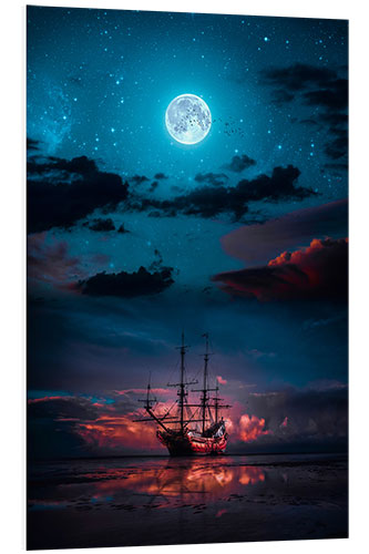 Tableau en PVC The Sparrow ship in the evening glow under a full moon