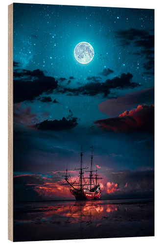 Wood print The Sparrow ship in the evening glow under a full moon