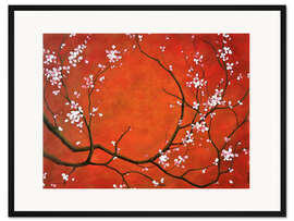 Gerahmter Kunstdruck Sakura-Dämmerung - Kirschzweige auf rot