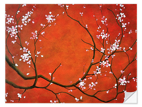 Sticker mural Crépuscule Sakura - branches de cerise sur le rouge