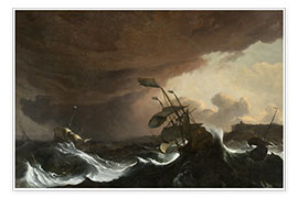 Poster Schiffe in einer stürmischen See vor einer Küste