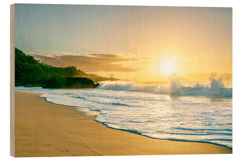 Holzbild Tropsicher Sonnenuntergang am Strand