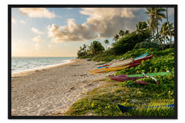 Gerahmter Kunstdruck Kanus am Strand auf Hawaii
