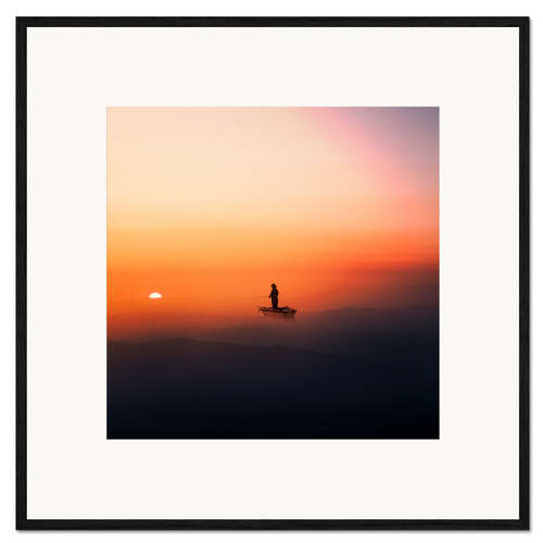 Gerahmter Kunstdruck Einsamer Angler bei Sonnenuntergang