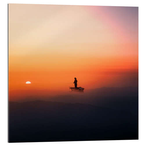 Tableau en plexi-alu Lone Fisherman at Sunset