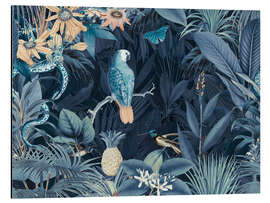 Tableau en aluminium Parrot and snake in the midnight jungle