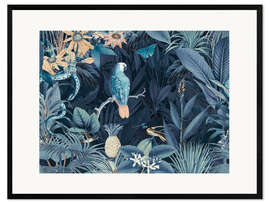 Framed art print Parrot and snake in the midnight jungle