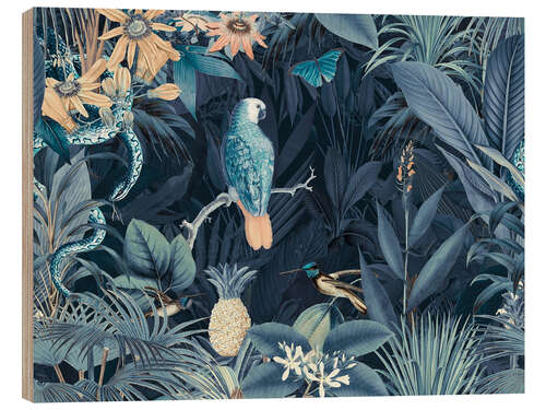 Wood print Parrot and snake in the midnight jungle