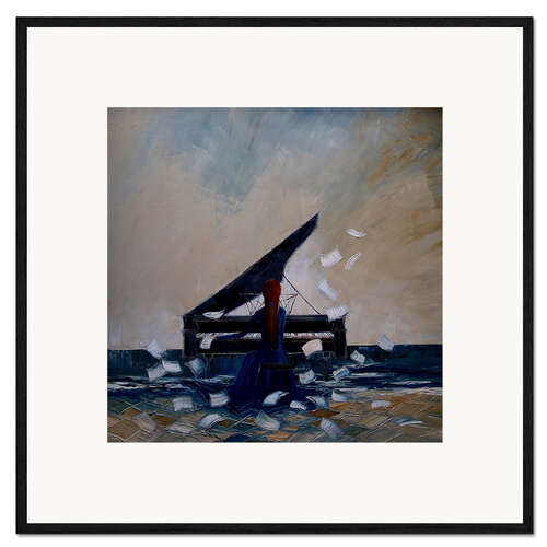 Ingelijste kunstdruk Playing the piano and paper flying in the wind