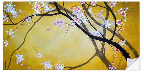 Sticker mural Ambre et Sakura - Branche de cerisier sur fond jaune