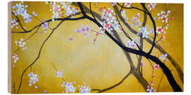 Wood print Amber and sakura - Cherry branches on yellow