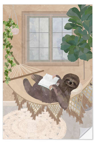 Selvklæbende plakat Sloth Reading in a Hammock