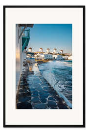 Gerahmter Kunstdruck Wellen brechen sich an der Mauer, Mykonos