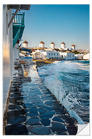 Wandsticker Wellen brechen sich an der Mauer, Mykonos