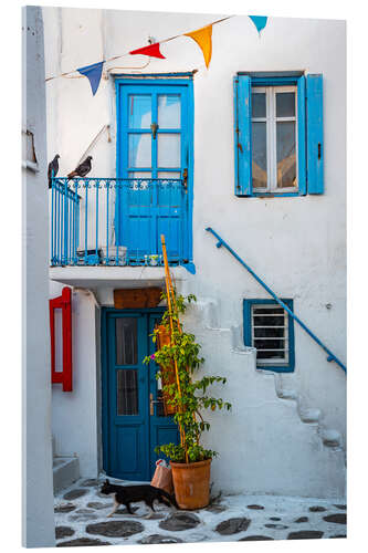 Acrylglasbild Katze wandert durch die Altstadt von Mykonos