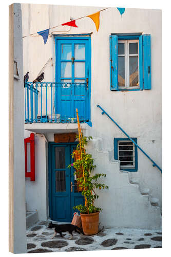 Wood print Cat wanders through the old town of Mykonos