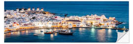 Selvklebende plakat Mykonos port panorama at night