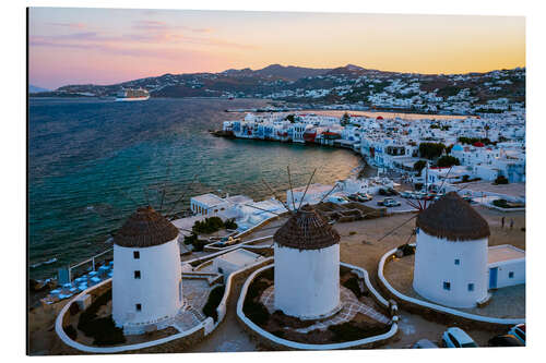 Alubild Mykonos und seine Windmühlen bei Sonnenaufgang