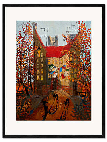 Ingelijste kunstdruk Three black cats in Autumn
