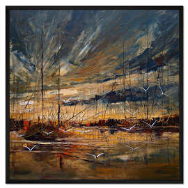 Gerahmter Kunstdruck Schiffe am Abend im Hafen