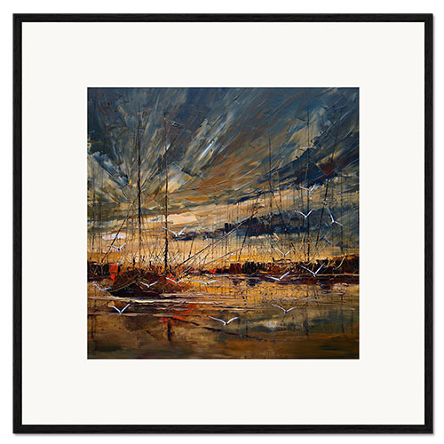 Gerahmter Kunstdruck Schiffe am Abend im Hafen