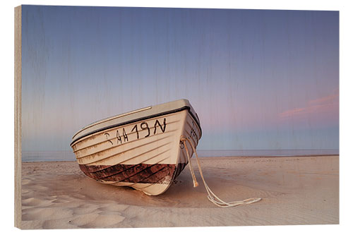 Holzbild Boot am Strand in der Dämmerung