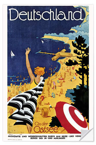 Selvklebende plakat German Poster Advertising the Baltic Coast of Germany, 1930