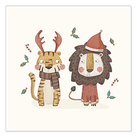 Wall print  Tiger and Lion ready for Christmas - Marta Munte