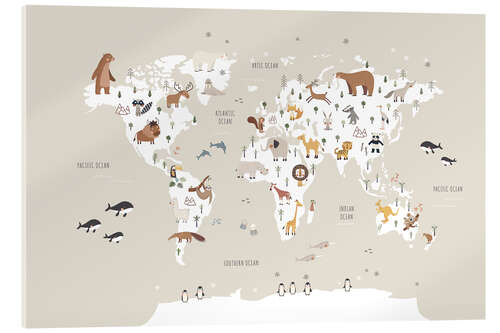 Tableau en verre acrylique World map with animals (beige)