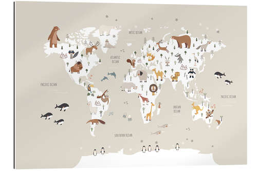 Gallery print World map with animals (beige)