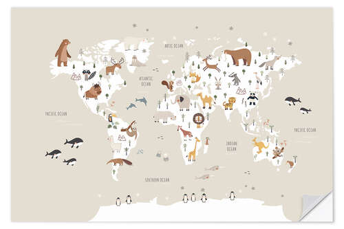 Selvklæbende plakat World map with animals (beige)