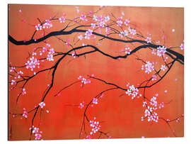 Tableau en aluminium L&#039;Arche Sakura - Branches de cerisier sur rouge - Sophie Duplain