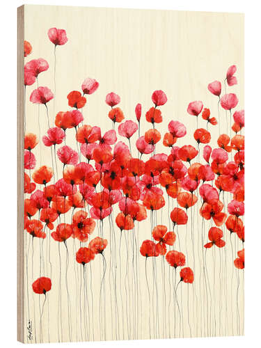 Tableau en bois Fleurs - Coquelicots rouges sur beige