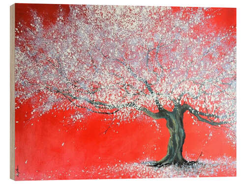 Wood print White tree on red