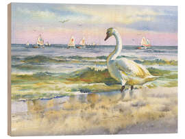 Hout print A swan at the beach