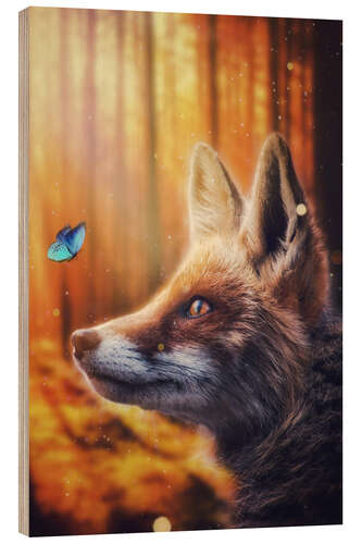 Wood print Fox and Butterfly in the Autumn Forest