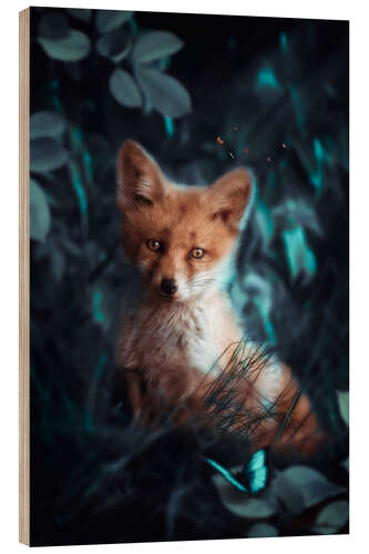 Quadro de madeira Baby Fox and Butterfly in the Forest