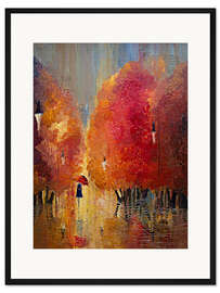 Gerahmter Kunstdruck Unter rotem Regenschirm im Herbst