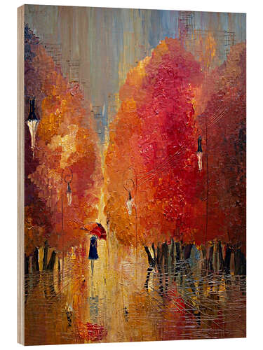 Wood print Under a red umbrella in autumn