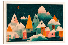 Wood print Small Winter Village with Crescent