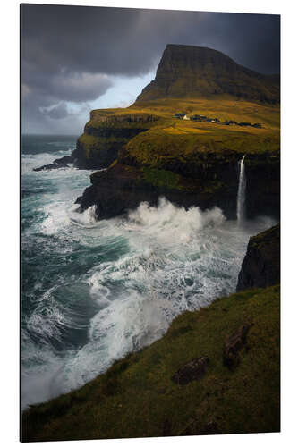 Stampa su alluminio Múlafossur waterfall on a stormy day in the Faroe Islands