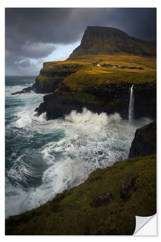 Selvklebende plakat Múlafossur waterfall on a stormy day in the Faroe Islands