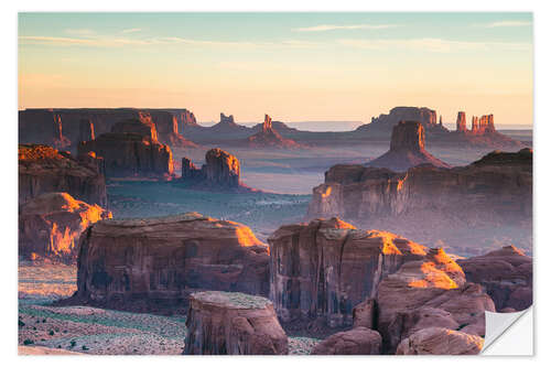 Selvklæbende plakat Sunrise and morning fog in Monument Valley